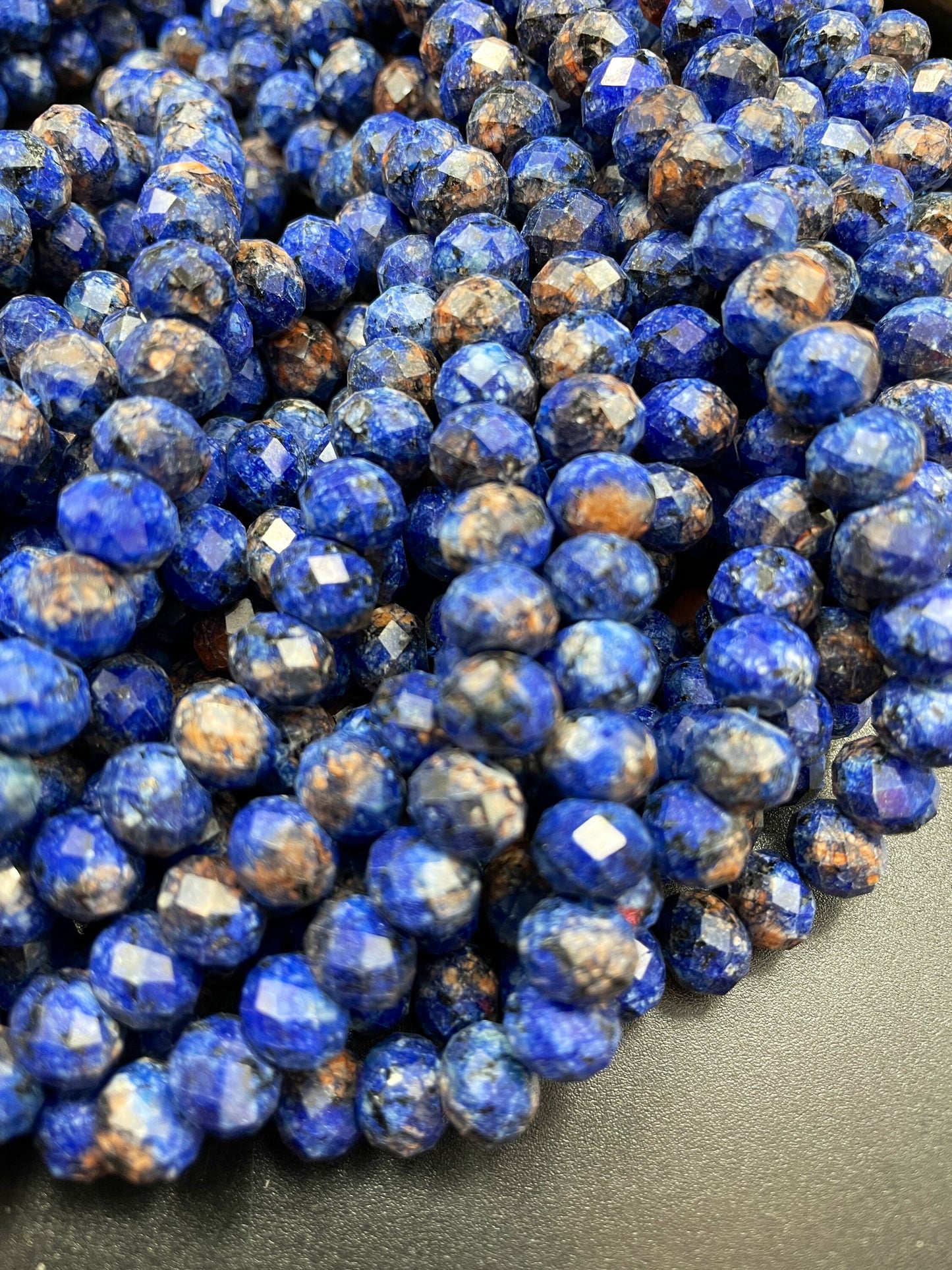 Beautiful Blue Azurite Gemstone Bead Faceted 5x8mm Rondelle Shape, Gorgeous Blue Color w/ Orange Points