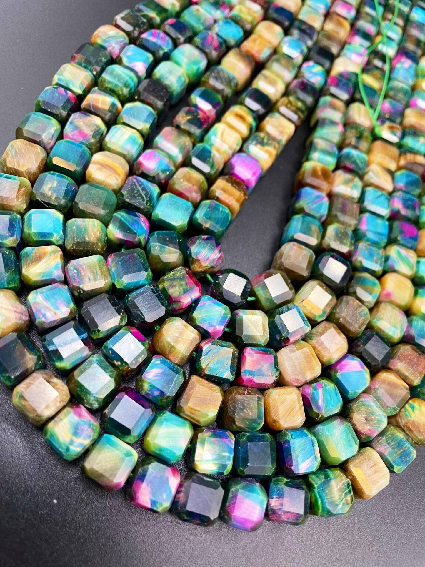 AAA Galaxy Tiger Eye Gemstone Bead Faceted 9mm Cube Shape, Gorgeous Multicolor Tiger Eye Gemstone Beads