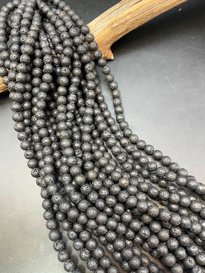 AAA Natural Lava Rock Stone Bead 4mm 6mm 8mm 10mm 12mm Round Bead, Beautiful Natural Black Color Lava Rock Stone Bead, Full Strand 15.5"