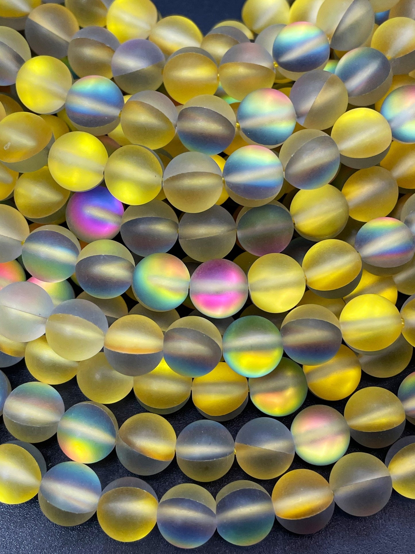 Beautiful Matte Rainbow Mermaid Glass Bead 6mm 8mm 10mm 12mm Round Beads, Gorgeous Matte Yellow Rainbow Color Beads Full Strand 15.5"
