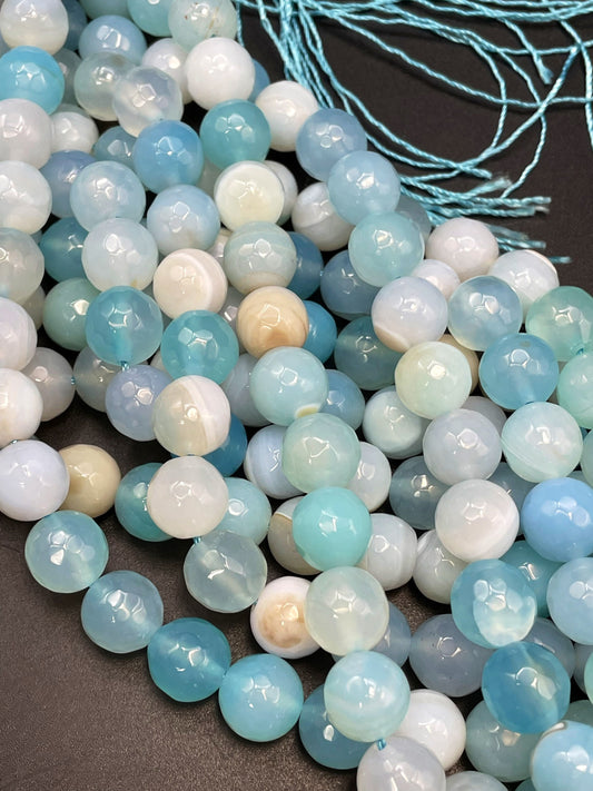 Natural Botswana Agate Gemstone Bead Faceted 6mm 8mm 10mm 12mm Round Bead, Gorgeous Sea Blue Color Agate Bead, Full Strand 15.5"