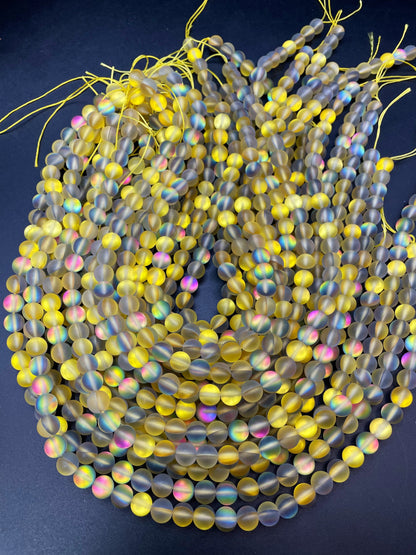 Beautiful Matte Rainbow Mermaid Glass Bead 6mm 8mm 10mm 12mm Round Beads, Gorgeous Matte Yellow Rainbow Color Beads Full Strand 15.5"