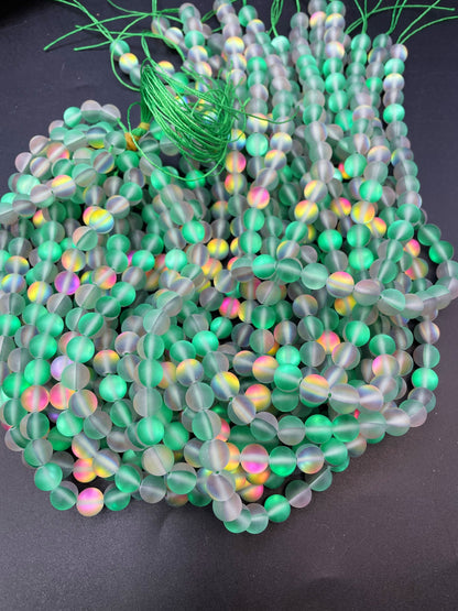 Beautiful Rainbow Mermaid Bead 6mm 8mm 10mm 12mm Round Beads, Gorgeous Matte Green Rainbow Color Mermaid Glass Bead
