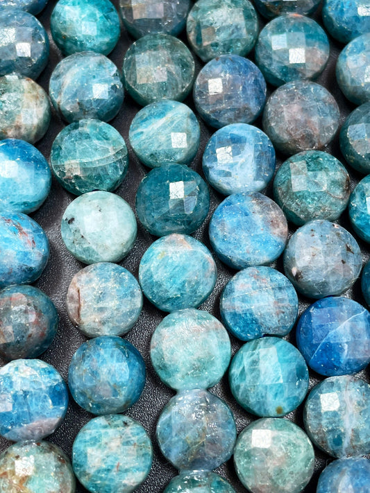 Natural Blue Apatite Gemstone Beads - Faceted 10mm Coin Shaped Bead - Beautiful Natural Sea Blue Color Apatite Gemstone - High Quality