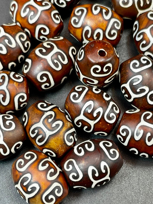 Natural Tibetan Agate Gemstone Bead 12x15mm Barrel Shape, Gorgeous Brown Color Hand Painted Designs Tibetan Gemstone Bead, LOOSE BEAD