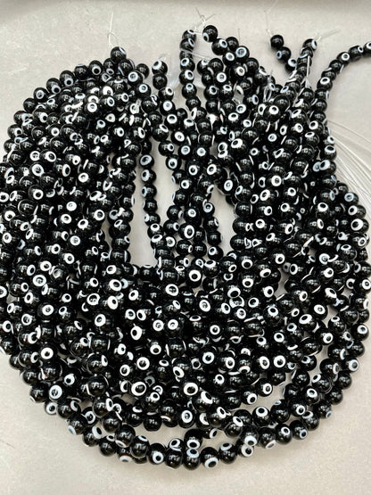Evil Eye Glass Beads 6mm 8mm 10mm Round Shape, Lucky Eye Beads, Black Evil Evil Glass Beads Full Strand