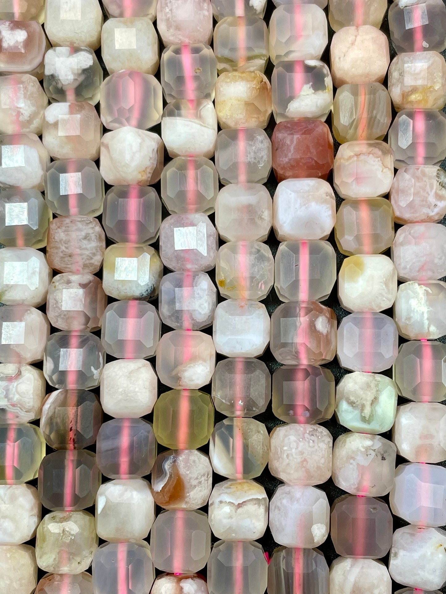 AAA Natural Cherry Blossom Flower Agate Gemstone Bead Faceted 8mm Cube Shape, Gorgeous Natural Beige Light Pink Clear Color Beads
