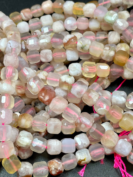 AAA Natural Cherry Blossom Flower Agate Gemstone Bead Faceted 8mm Cube Shape, Gorgeous Natural Beige Light Pink Clear Color Beads