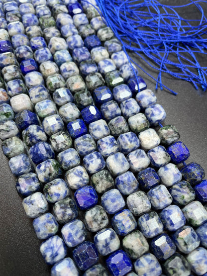 Natural Blue Sodalite Gemstone Bead Faceted 8mm Cube Shape, Beautiful Natural Blue White Color Sodalite Full Strand 15.5"