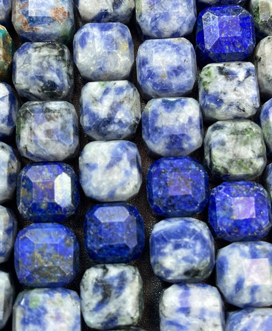 Natural Blue Sodalite Gemstone Bead Faceted 8mm Cube Shape, Beautiful Natural Blue White Color Sodalite Full Strand 15.5"