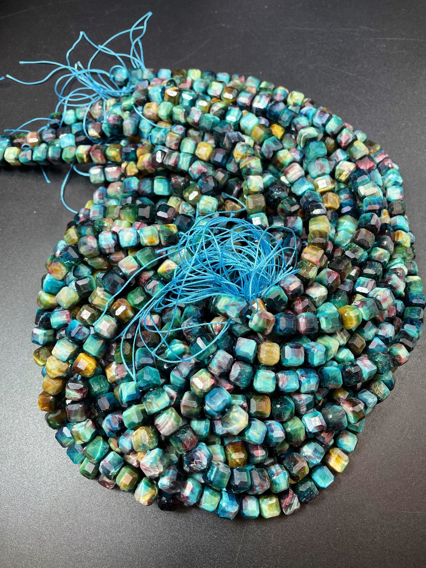 Natural Galaxy Tiger Eye Gemstone Bead Faceted 8mm Cube Shape, Beautiful Rainbow Blue Galaxy Color, High Quality Tiger Eye Beads
