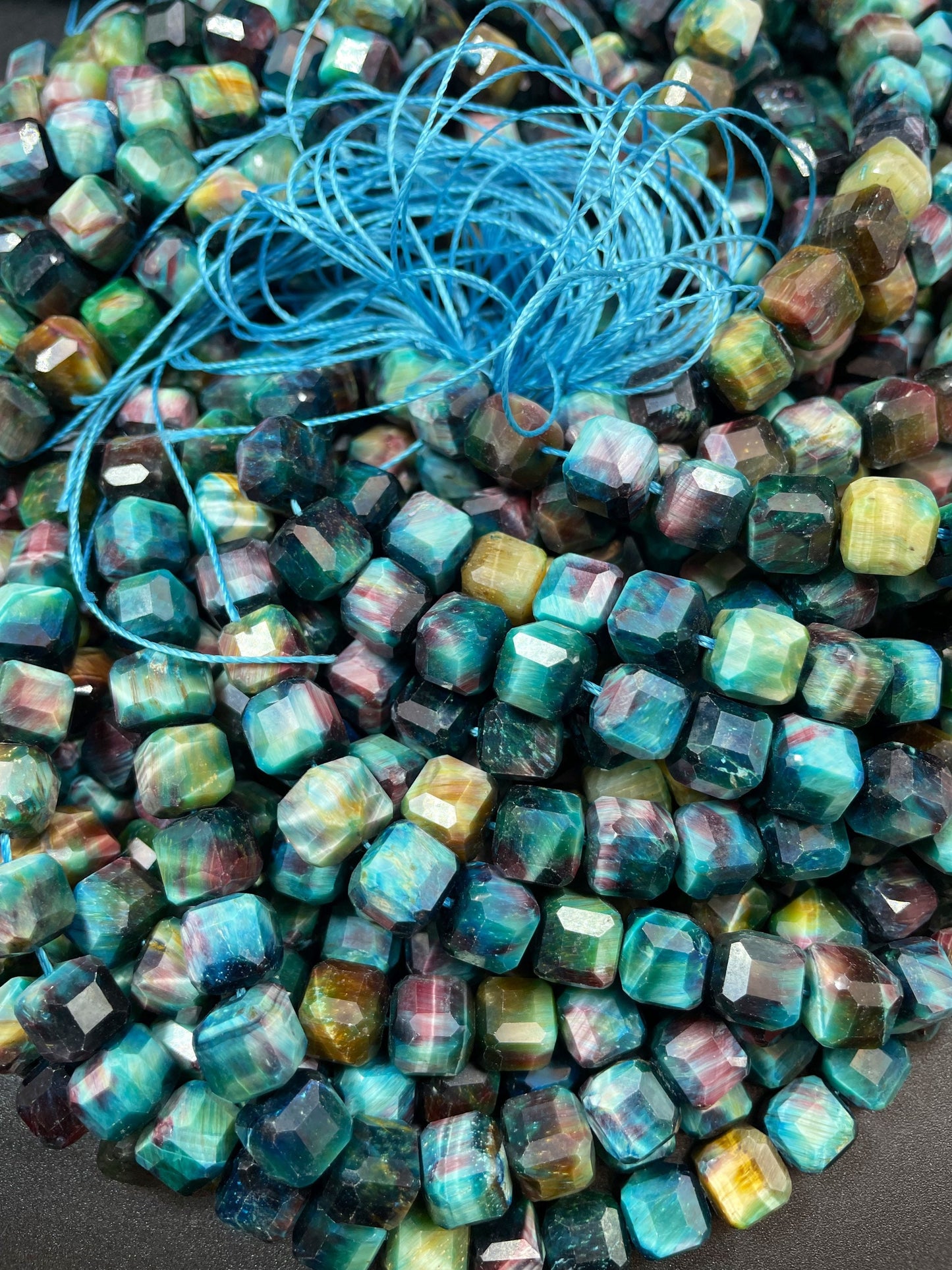 Natural Galaxy Tiger Eye Gemstone Bead Faceted 8mm Cube Shape, Beautiful Rainbow Blue Galaxy Color, High Quality Tiger Eye Beads