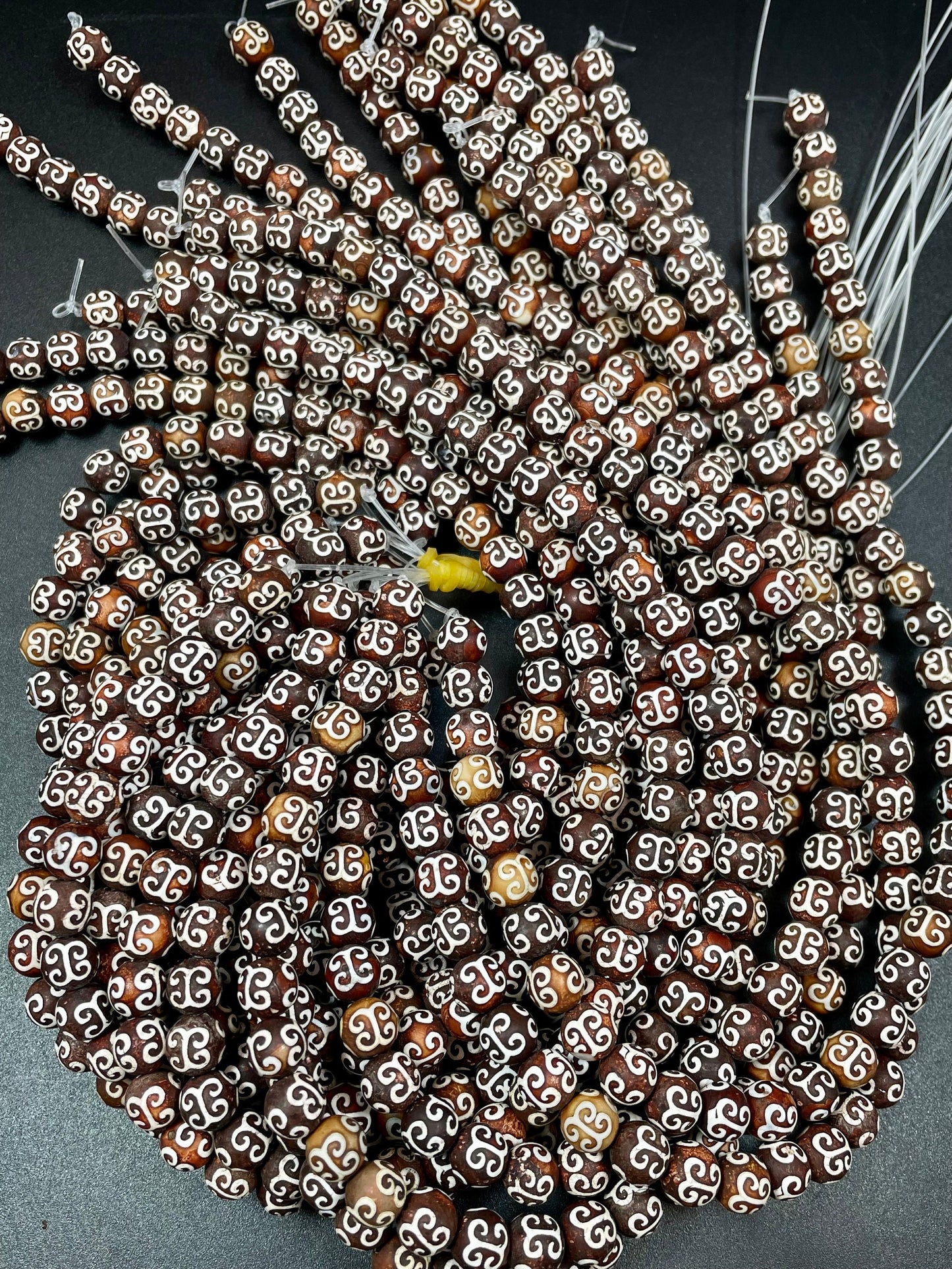 Natural Tibetan Hand Painted Stone Bead 8mm 12mm Round Shape, Gorgeous Brown White Hand Painted Design Tibetan Bead 15.5"