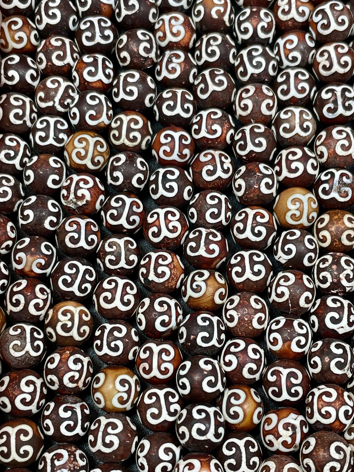 Natural Tibetan Hand Painted Stone Bead 8mm 12mm Round Shape, Gorgeous Brown White Hand Painted Design Tibetan Bead 15.5"