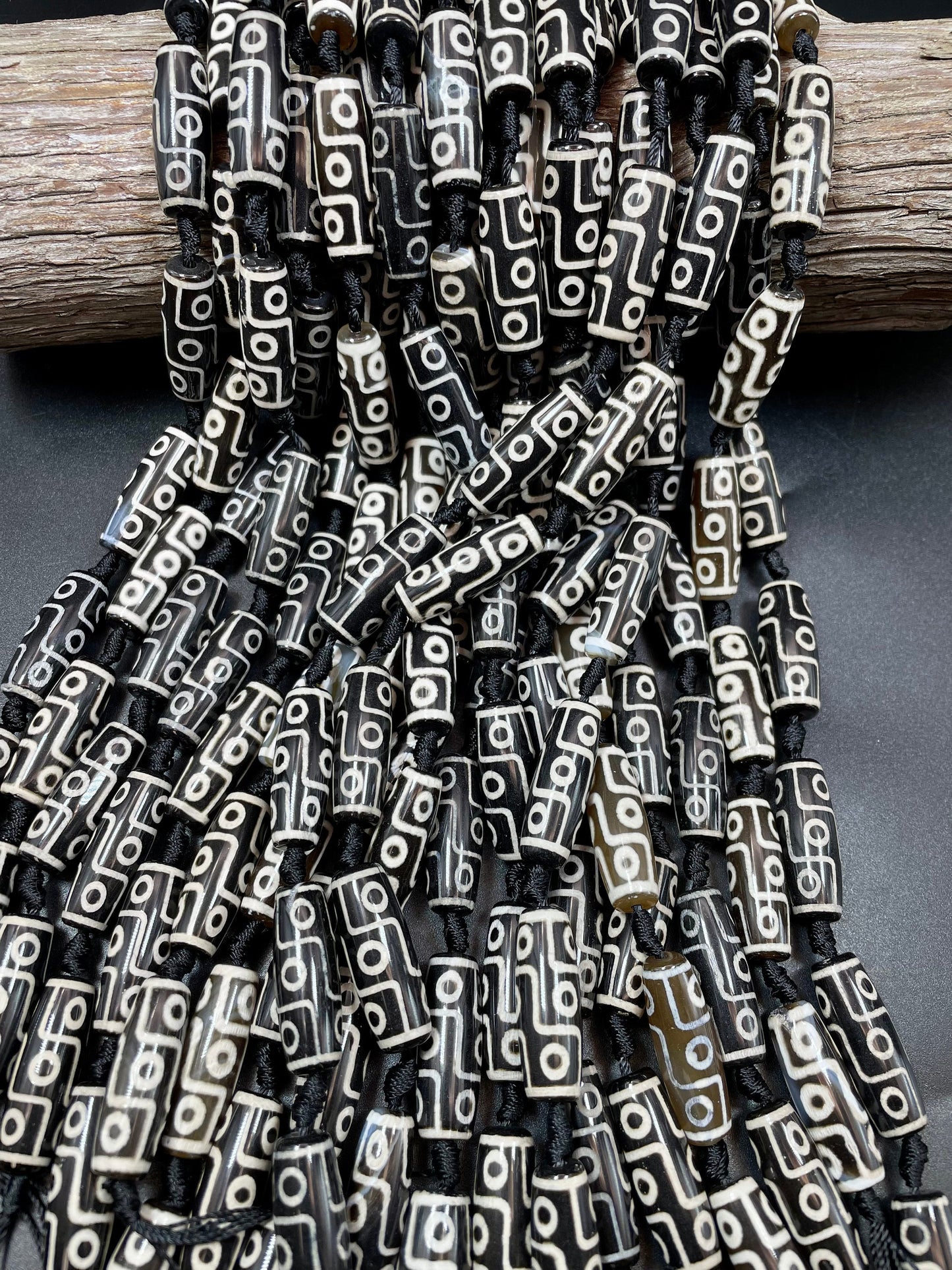 Natural Hand Painted Tibetan Gemstone Bead 10x30mm Barrel/Tube Shape, Beautiful Black White Hand Painted Tibetan Stone Bead Full Strand 15.5"