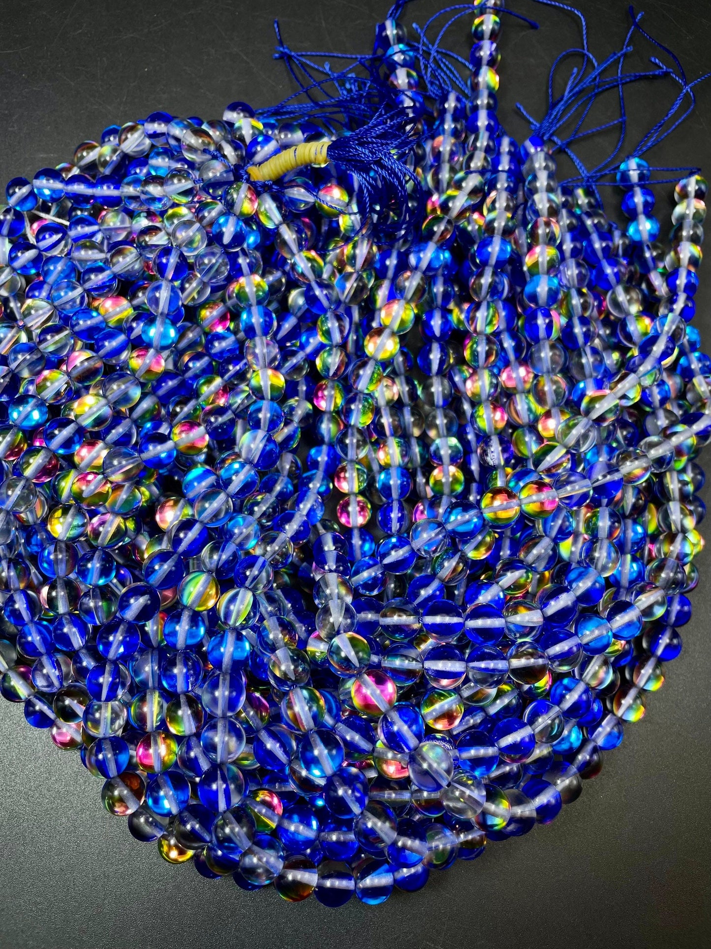 Mermaid Glass Beads 6mm 8mm 10mm 12mm Round Bead, Gorgeous Blue Rainbow Color Mermaid Glass Beads, Full Strand 15.5"