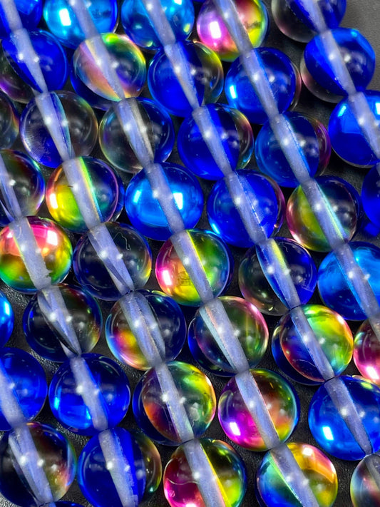 Mermaid Glass Beads 6mm 8mm 10mm 12mm Round Bead, Gorgeous Blue Rainbow Color Mermaid Glass Beads, Full Strand 15.5"