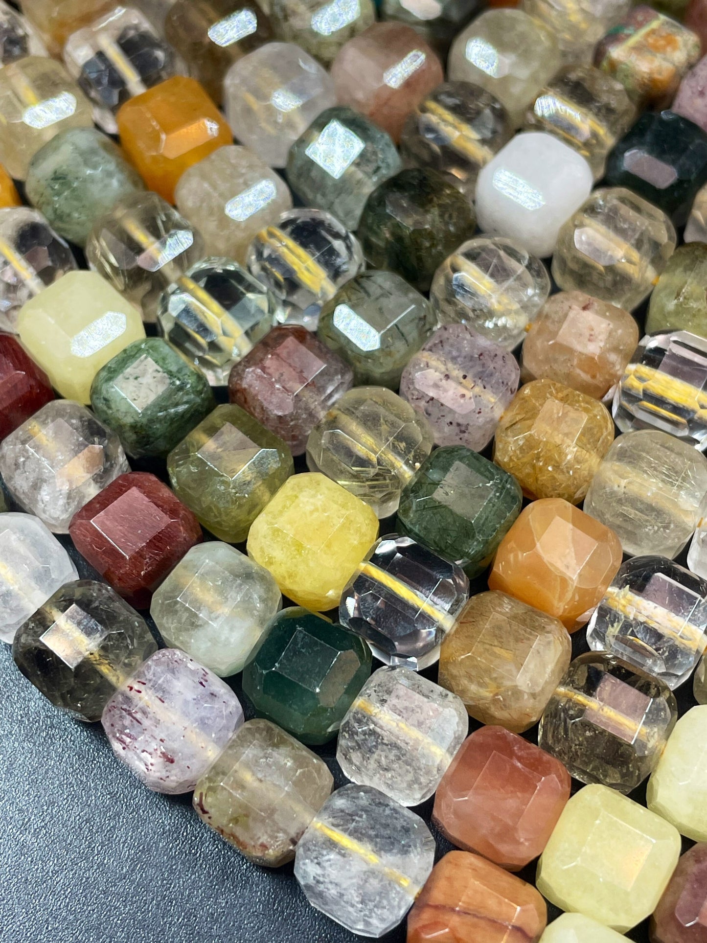 AAA natural rutilated quartz crystal bead. Faceted 8mm cube shape bead. Gorgeous natural rutilated quartz gemstone bead. Loose bead