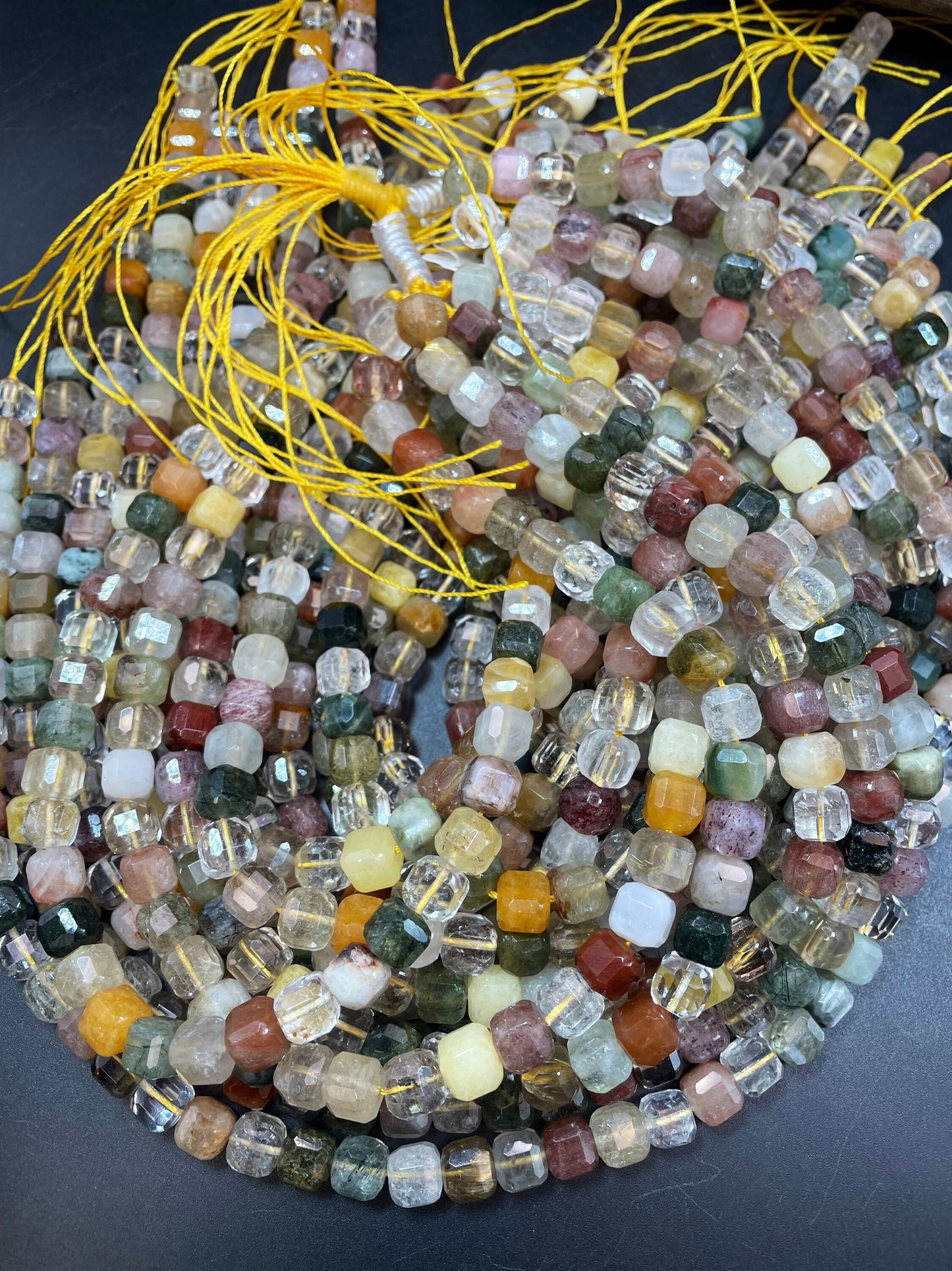 AAA natural rutilated quartz crystal bead. Faceted 8mm cube shape bead. Gorgeous natural rutilated quartz gemstone bead. Loose bead