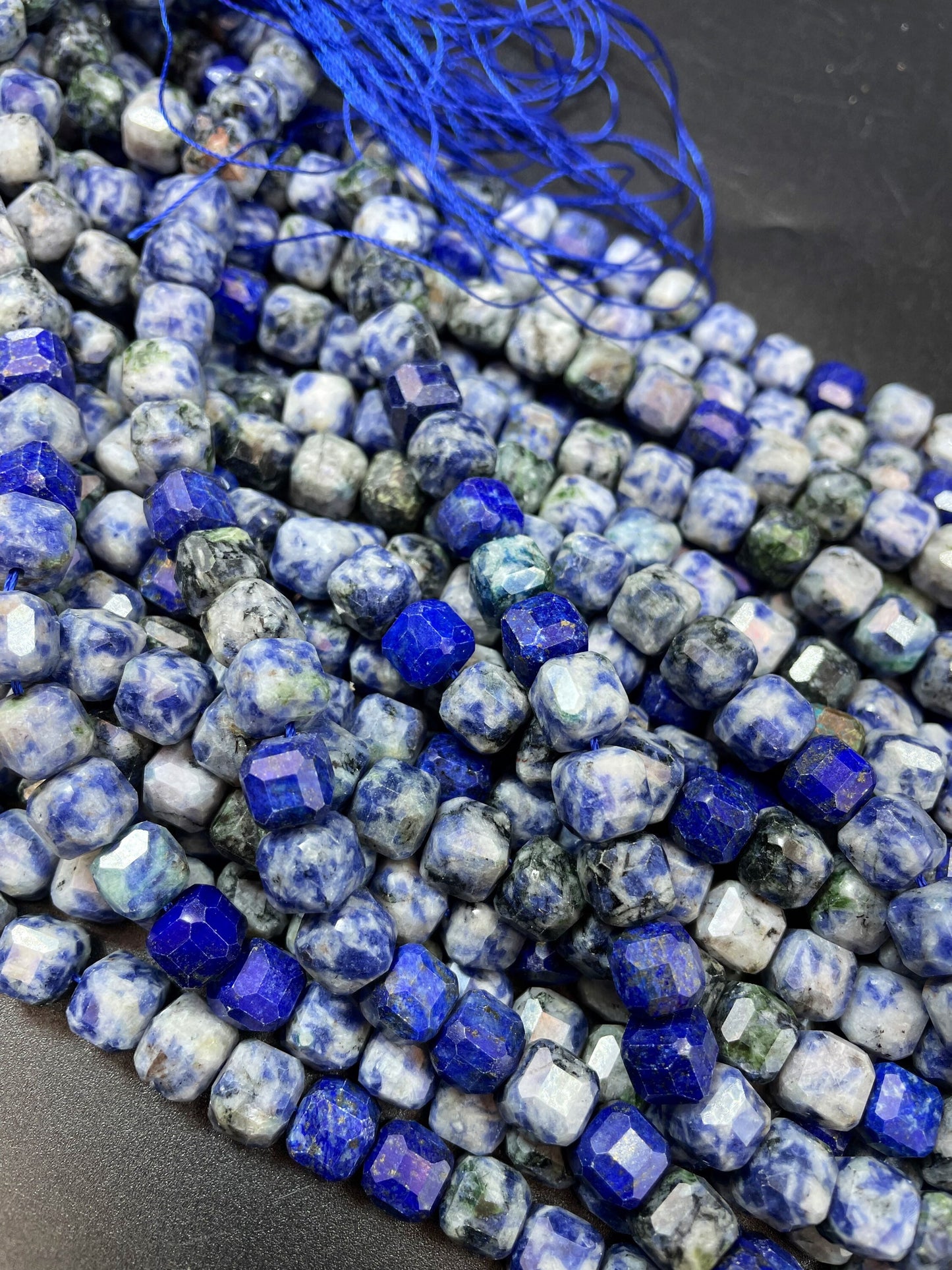 Natural Blue Sodalite Gemstone Bead Faceted 8mm Cube Shape, Beautiful Natural Blue White Color Sodalite Full Strand 15.5"