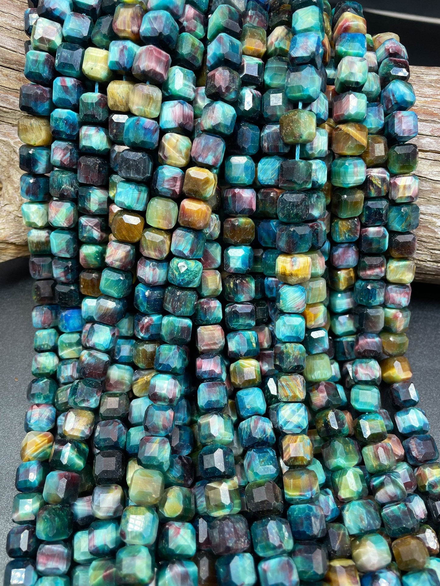 Natural Galaxy Tiger Eye Gemstone Bead Faceted 8mm Cube Shape, Beautiful Rainbow Blue Galaxy Color, High Quality Tiger Eye Beads