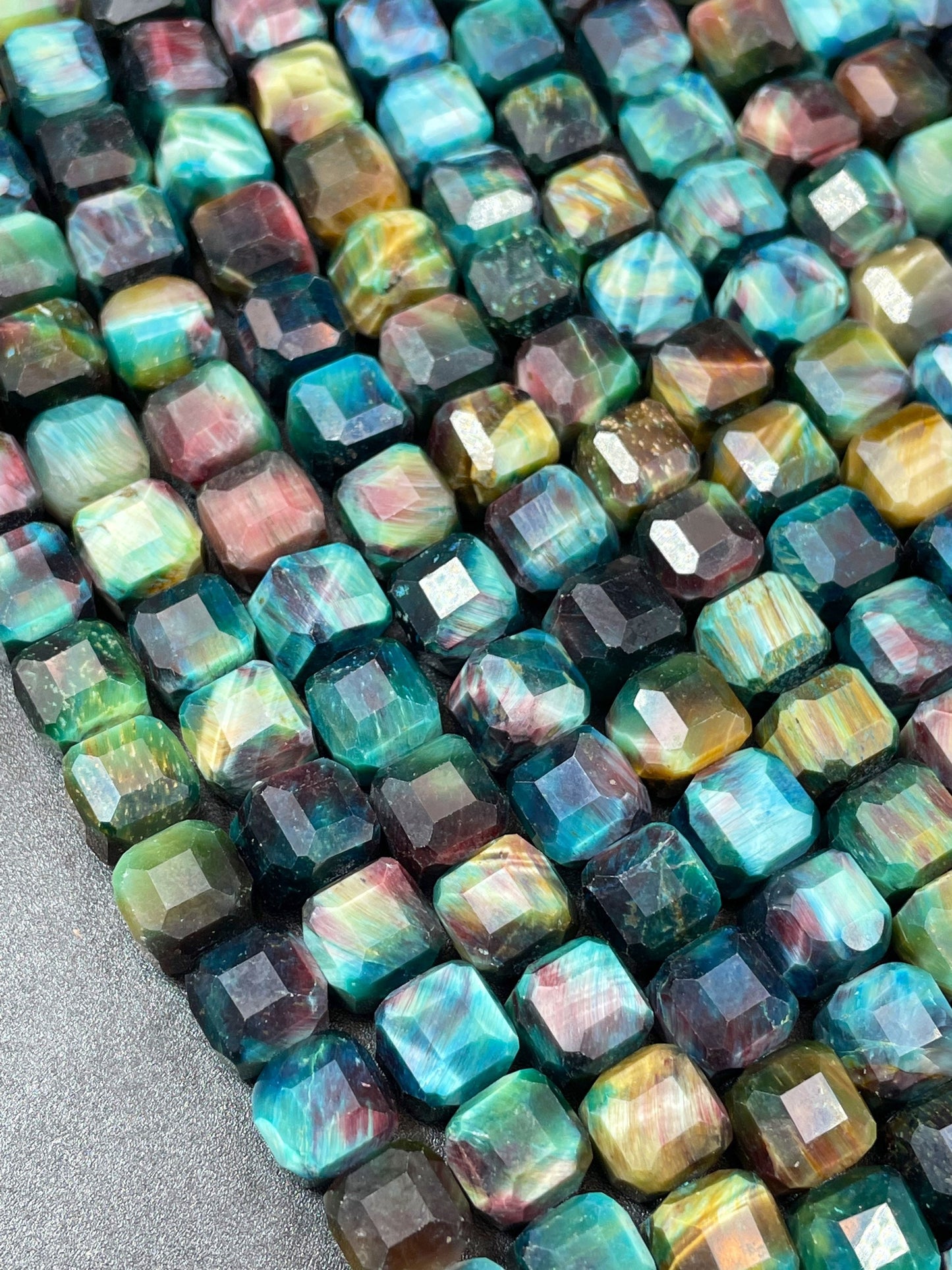Natural Galaxy Tiger Eye Gemstone Bead Faceted 8mm Cube Shape, Beautiful Rainbow Blue Galaxy Color, High Quality Tiger Eye Beads