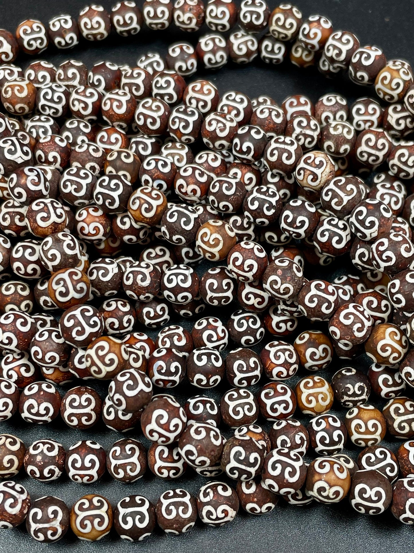 Natural Tibetan Hand Painted Stone Bead 8mm 12mm Round Shape, Gorgeous Brown White Hand Painted Design Tibetan Bead 15.5"