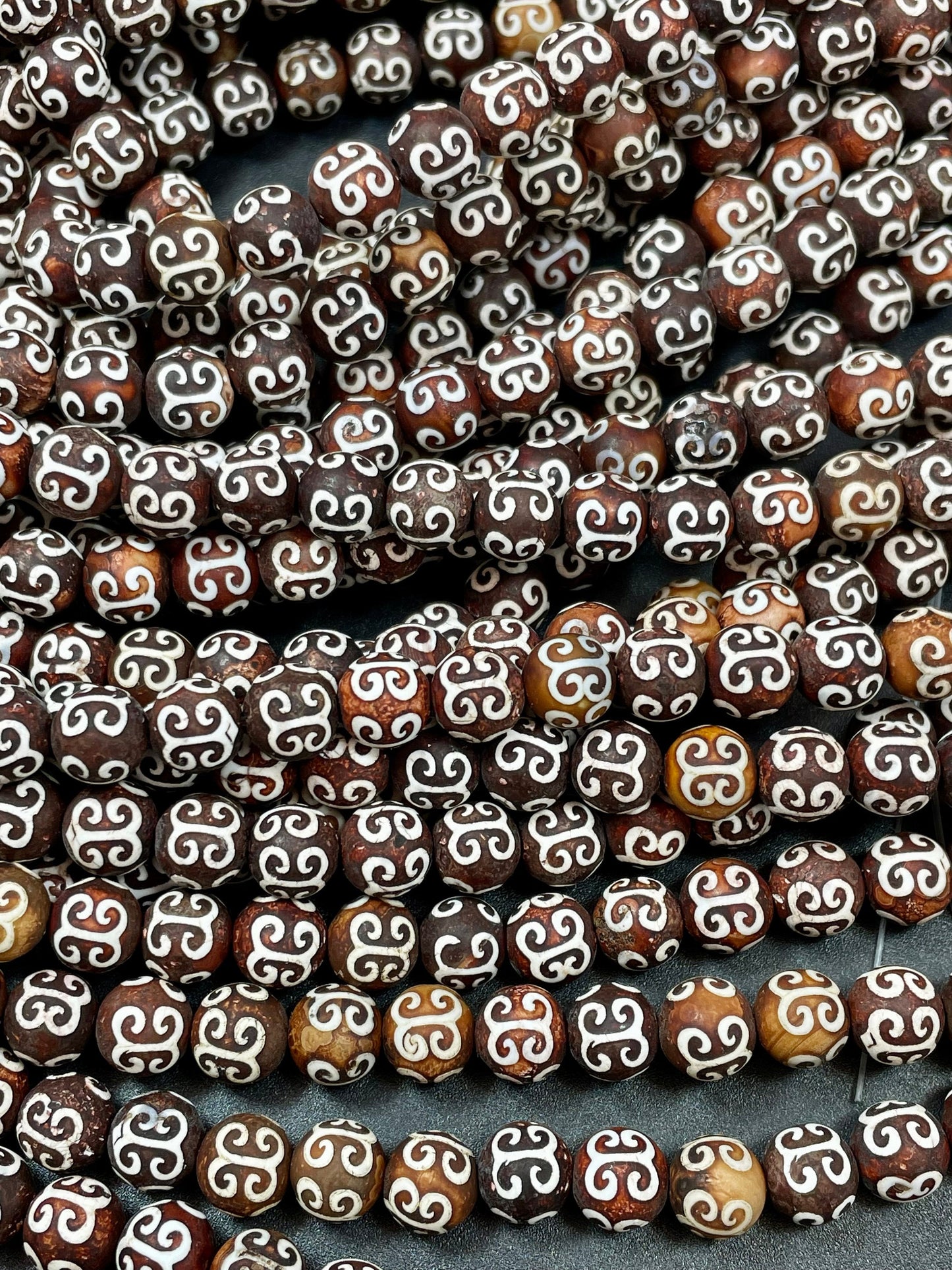 Natural Tibetan Hand Painted Stone Bead 8mm 12mm Round Shape, Gorgeous Brown White Hand Painted Design Tibetan Bead 15.5"