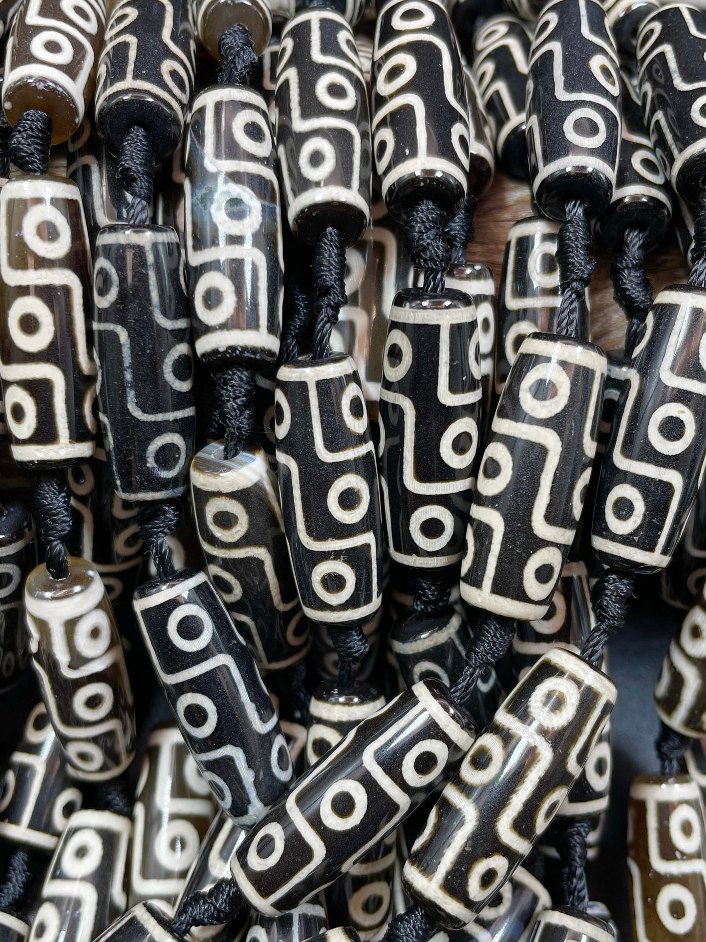 Natural Hand Painted Tibetan Gemstone Bead 10x30mm Barrel/Tube Shape, Beautiful Black White Hand Painted Tibetan Stone Bead Full Strand 15.5"