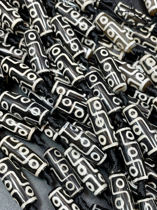 Natural Hand Painted Tibetan Gemstone Bead 10x30mm Barrel/Tube Shape, Beautiful Black White Hand Painted Tibetan Stone Bead Full Strand 15.5"