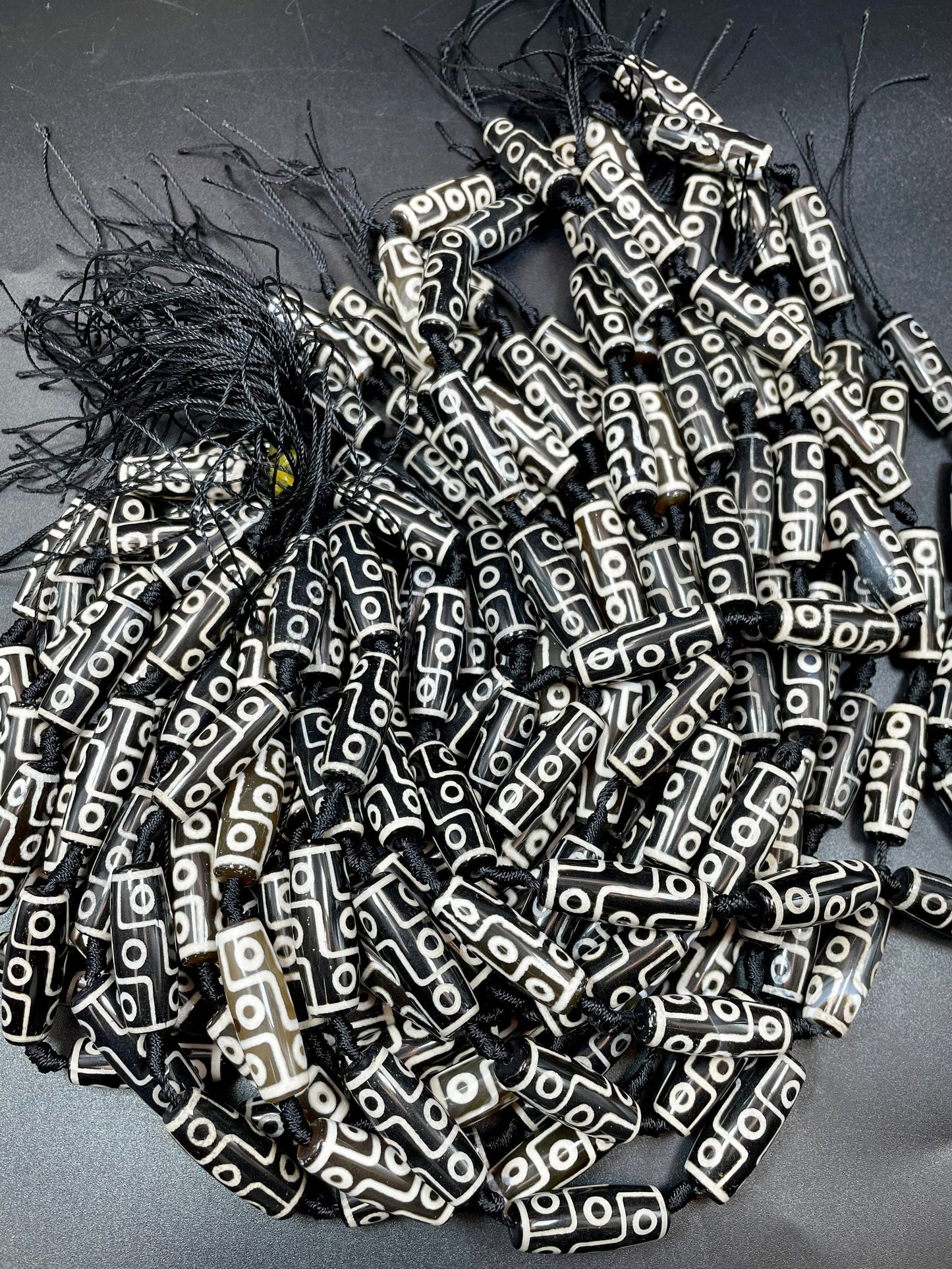 Natural Hand Painted Tibetan Gemstone Bead 10x30mm Barrel/Tube Shape, Beautiful Black White Hand Painted Tibetan Stone Bead Full Strand 15.5"