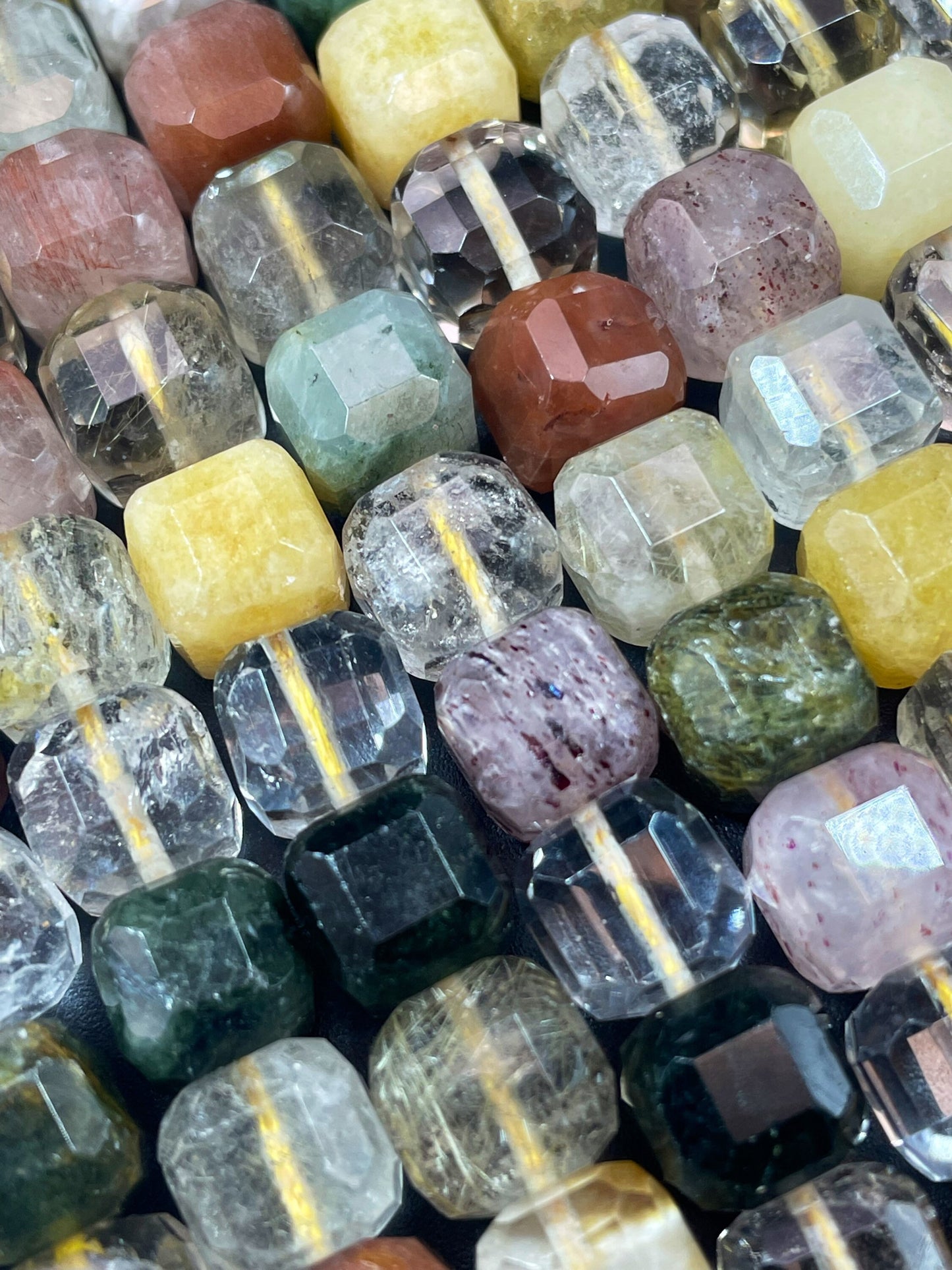 AAA natural rutilated quartz crystal bead. Faceted 8mm cube shape bead. Gorgeous natural rutilated quartz gemstone bead. Loose bead