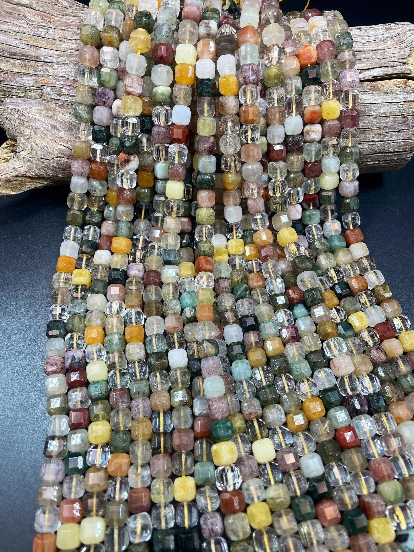 AAA natural rutilated quartz crystal bead. Faceted 8mm cube shape bead. Gorgeous natural rutilated quartz gemstone bead. Loose bead