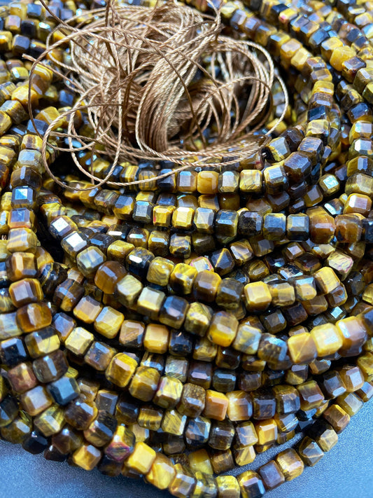 AAA Natural Tiger Eye Gemstone Bead Faceted 5mm 7mm Cube Shape, Gorgeous Brown Yellow Color Tiger Eye Gemstone Beads