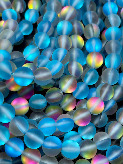 Beautiful Matte Mermaid Glass Beads 6mm 8mm 10mm 12mm Round Beads, Beautiful Matte Sea Blue Color with Rainbow Flashes, Full Strand 15.5"