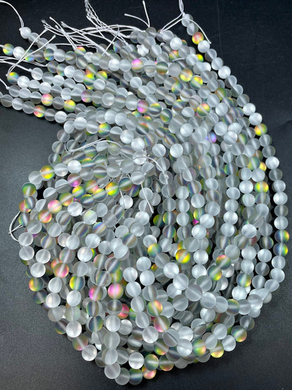 Beautiful Matte Mermaid Glass Beads 6mm 8mm 10mm 12mm Round Beads, Beautiful Matte Clear White Color with Rainbow Flash, Full Strand 15.5"