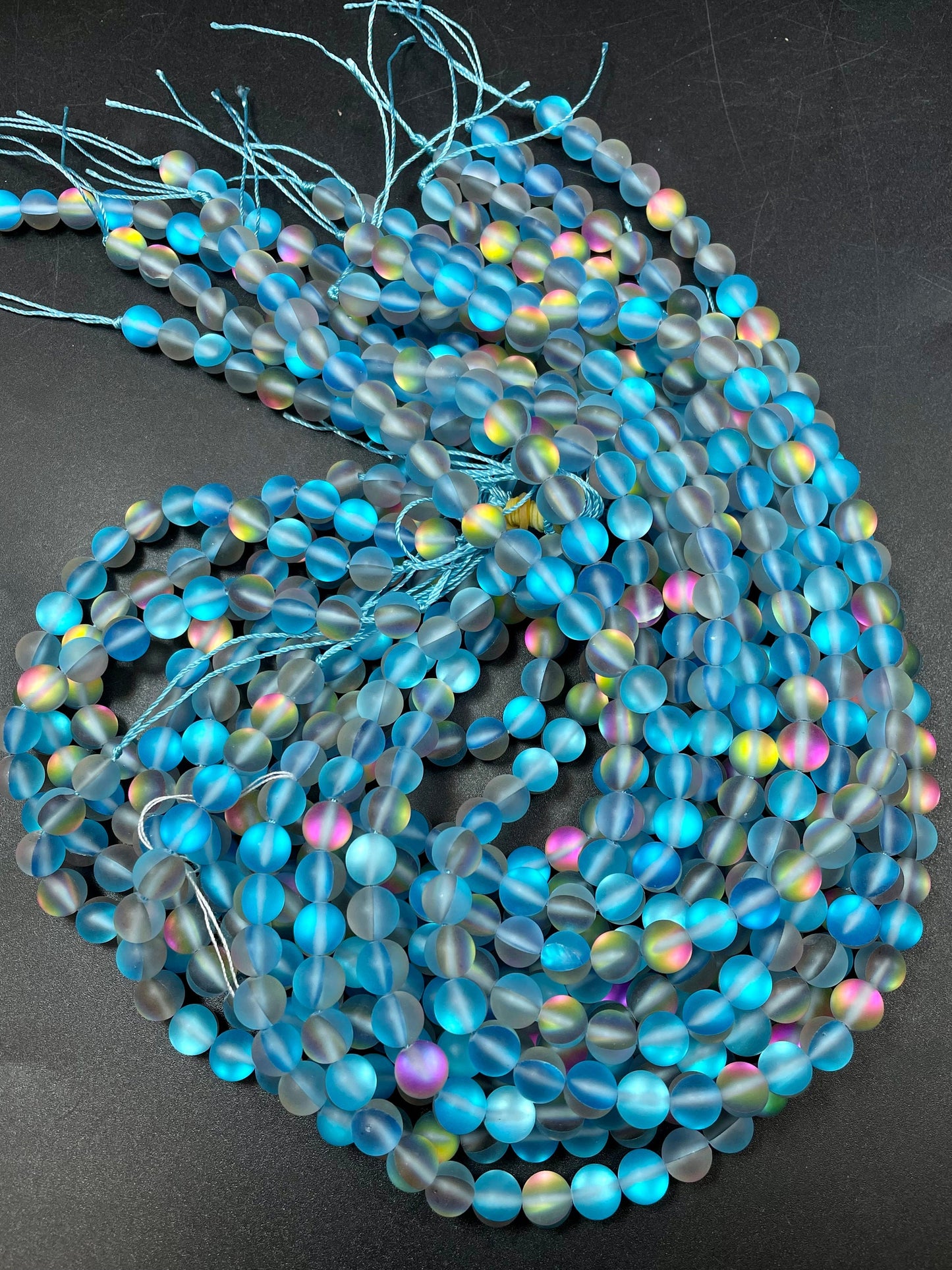 Beautiful Matte Mermaid Glass Beads 6mm 8mm 10mm 12mm Round Beads, Beautiful Matte Sea Blue Color with Rainbow Flashes, Full Strand 15.5"