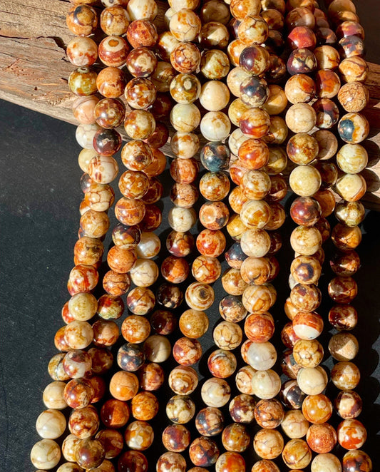 Beautiful Tibetan Gemstone Bead 8mm Round Beads, Gorgeous Brown Orange Tibetan Gemstone Bead 15.5"