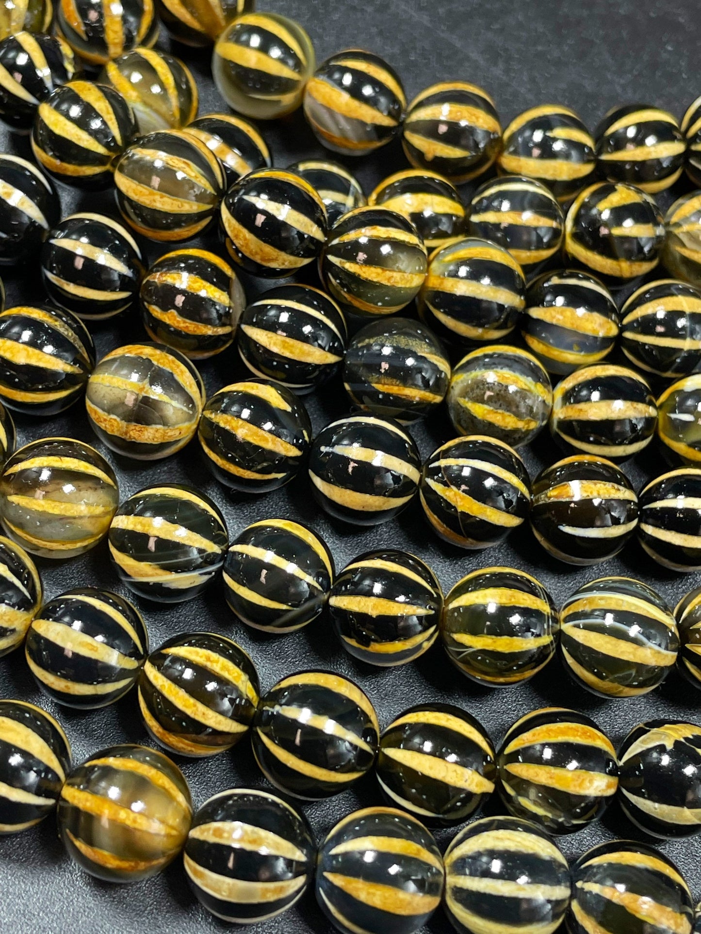 Natural Tibetan Gemstone Bead 6mm 8mm 10mm Round Bead, Gorgeous Black Yellow-Orange Dzi Agate Striped Gemstone Beads