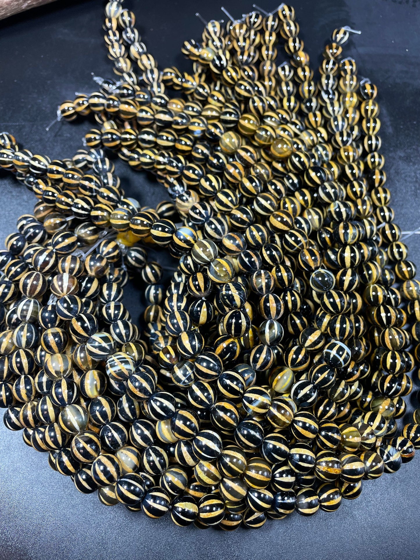 Natural Tibetan Gemstone Bead 6mm 8mm 10mm Round Bead, Gorgeous Black Yellow-Orange Dzi Agate Striped Gemstone Beads