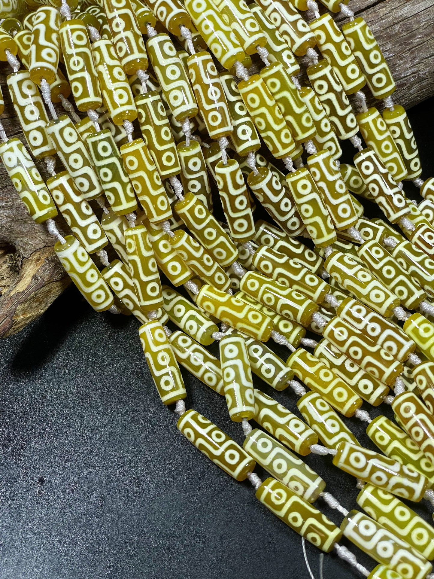 Natural Tibetan Gemstone Bead 10x30mm Tube Shape, Beautiful Yellow Color Hand Painted Tibetan Bead Full Strand 15.5"