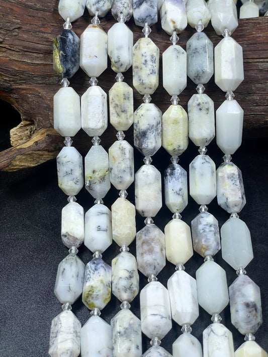 Natural White Opal Gemstone Bead Faceted 13x27mm Barrel Shape, Gorgeous Natural White Color w/ Black Points, 15.5" Strand
