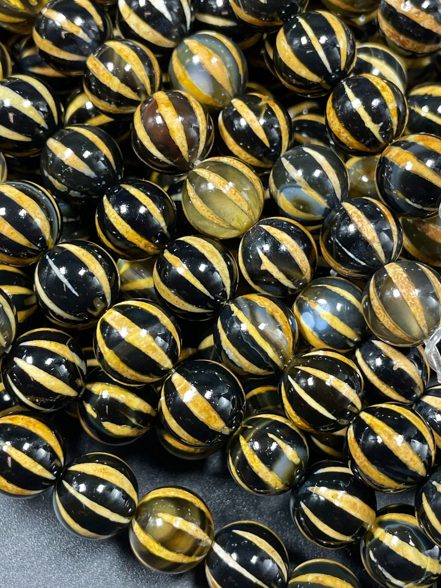 Natural Tibetan Gemstone Bead 6mm 8mm 10mm Round Bead, Gorgeous Black Yellow-Orange Dzi Agate Striped Gemstone Beads