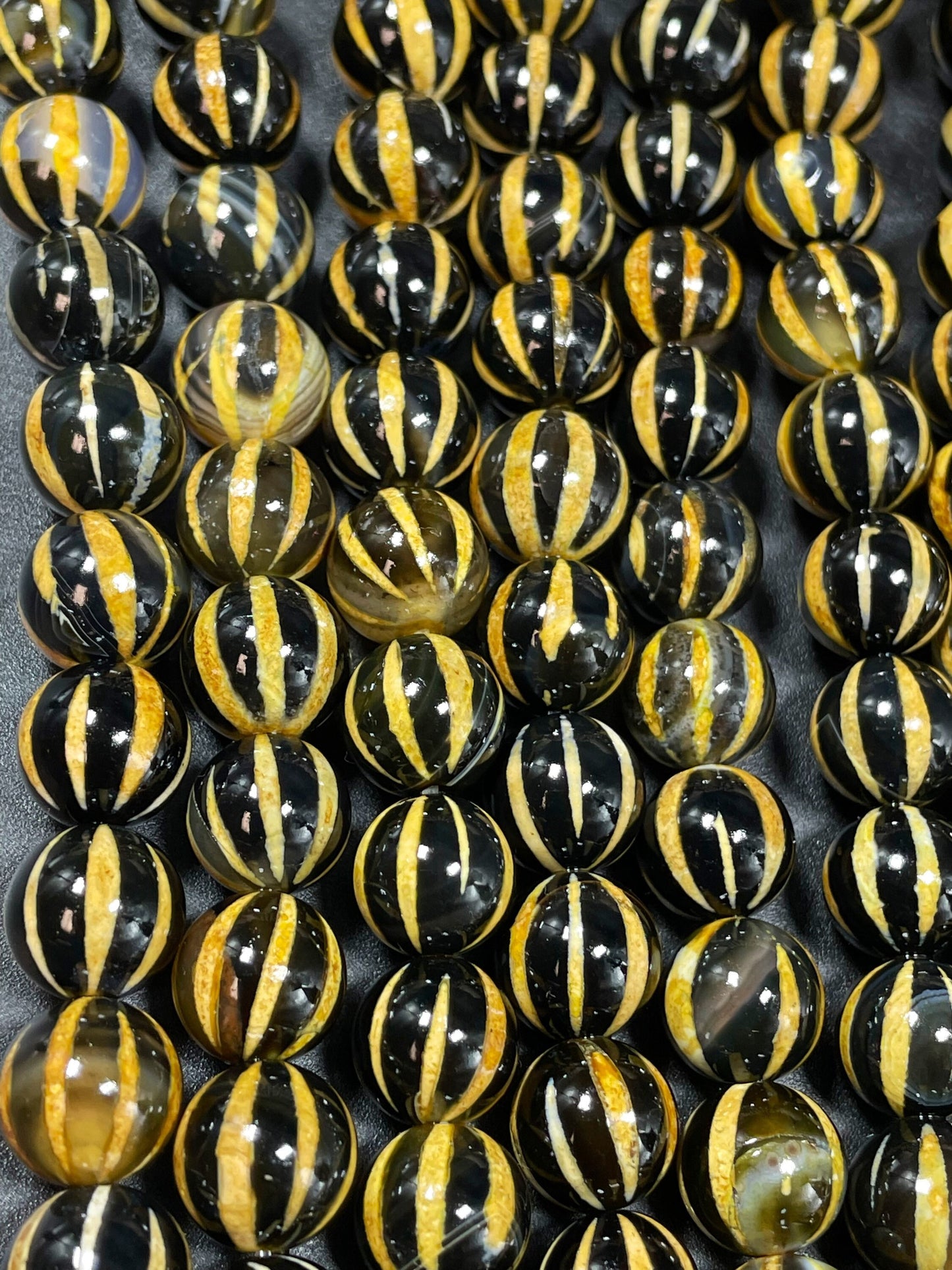 Natural Tibetan Gemstone Bead 6mm 8mm 10mm Round Bead, Gorgeous Black Yellow-Orange Dzi Agate Striped Gemstone Beads