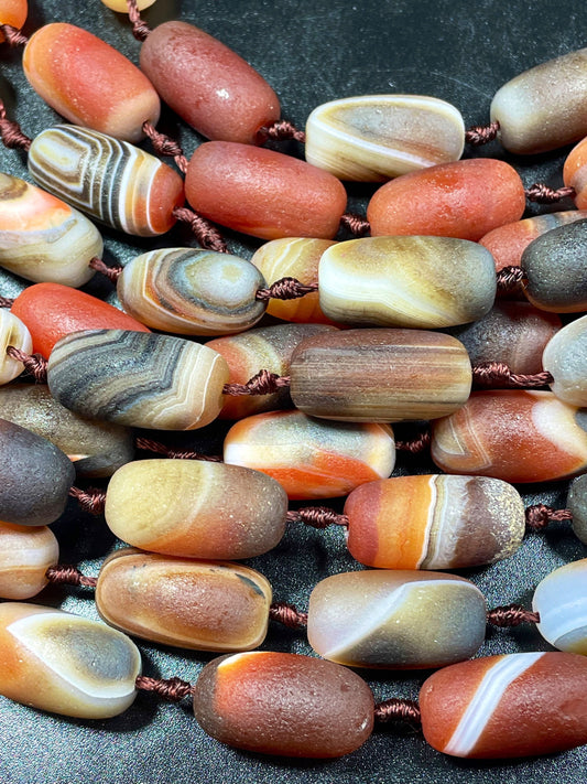 Natural Matte Botswana Agate Gemstone Bead 13x25mm Barrel Shape, Gorgeous Brown Orange Color Botswana Gemstone Beads