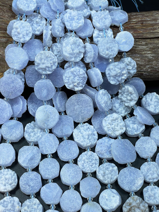 AAA Natural Blue Lace Agate Matte Druzy Gemstone Bead, Graduated Oval Shape, Natural Blue Color Blue Lace Agate Gemstone Bead 15.5"