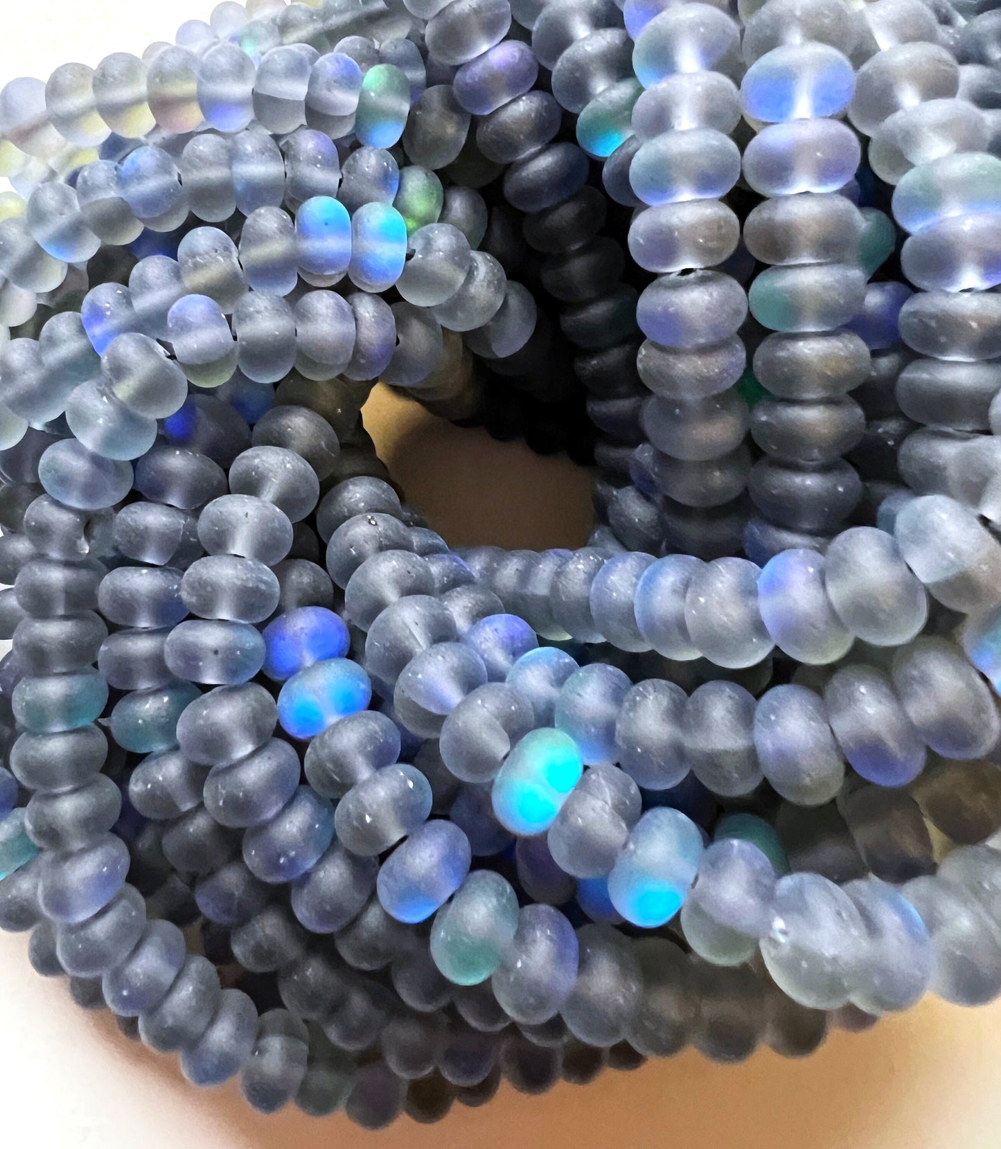 Mermaid Beads, 5x8mm Matte Black Synthetic Glass Moonstone Beads, Rondelle Shape, Full strand 15" High Quality!!!