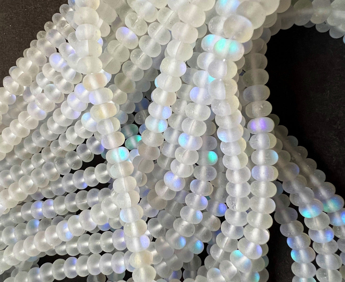 Mermaid Beads, 5x8mm, Matte White Synthetic Glass Moonstone Beads, Rondelle Shape, Full strand 15" High Quality!!!
