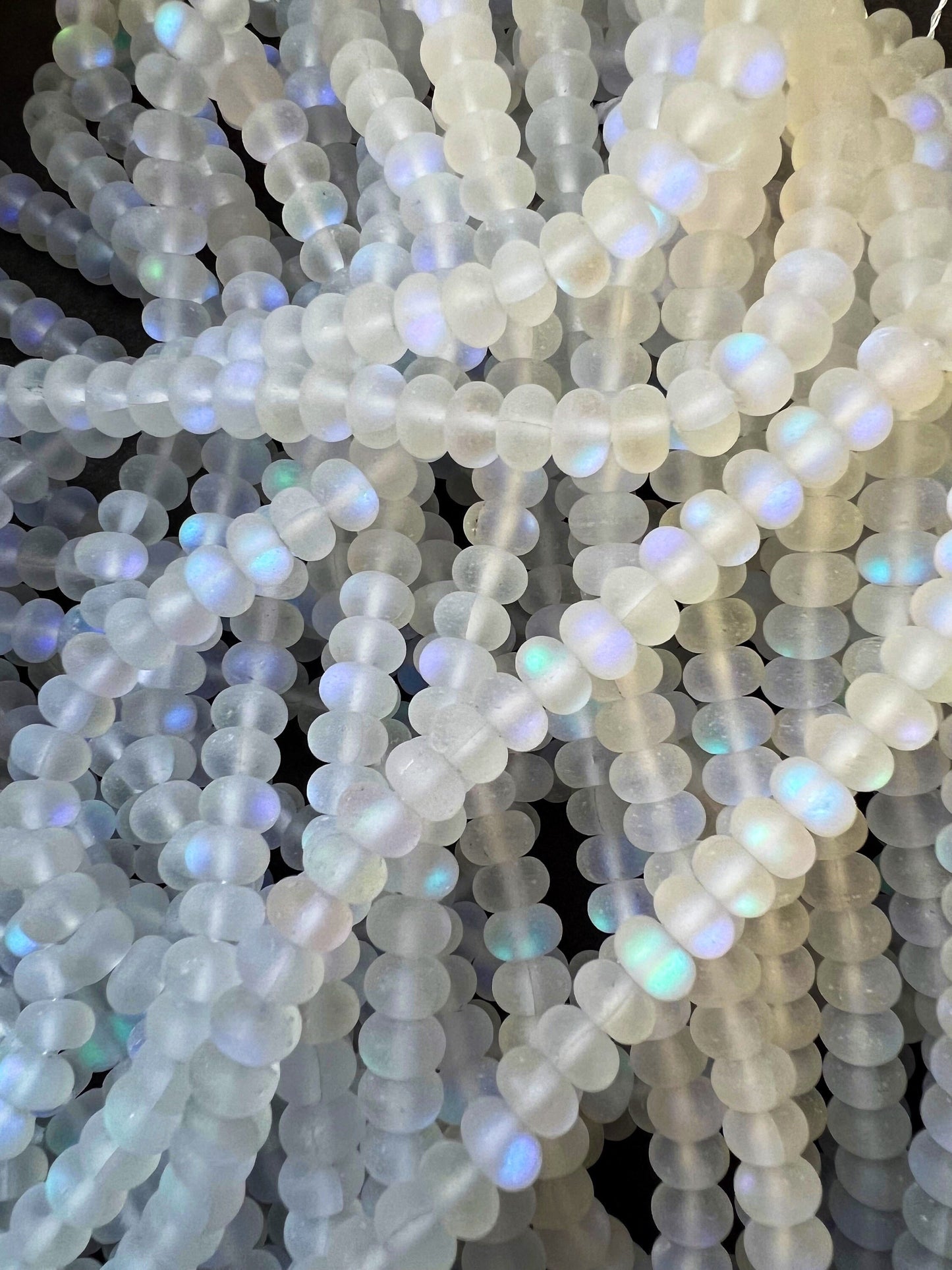 Mermaid Beads, 5x8mm, Matte White Synthetic Glass Moonstone Beads, Rondelle Shape, Full strand 15" High Quality!!!
