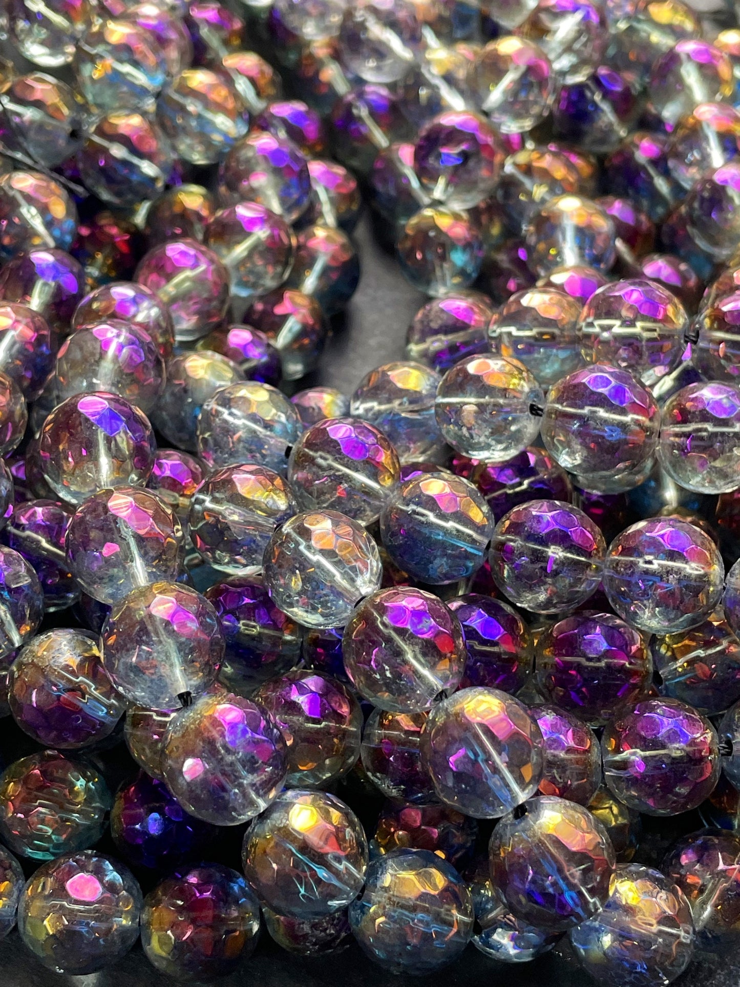Rainbow Mystic Galaxy Quartz Crystal Gemstone Bead Faceted 6mm 8mm 10mm Round Bead, Gorgeous Purple Clear Rainbow Color Full Strand 15.5"